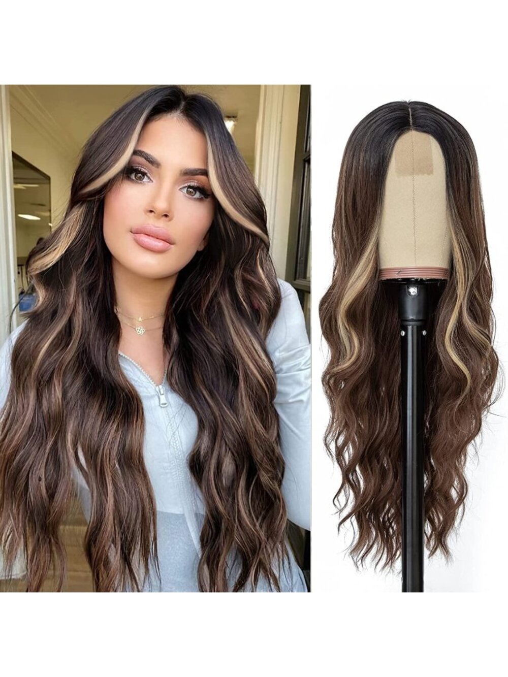 Women's Brown Blonde 26 Inch Natural Looking Heat Resistant Long Wavy Wigs